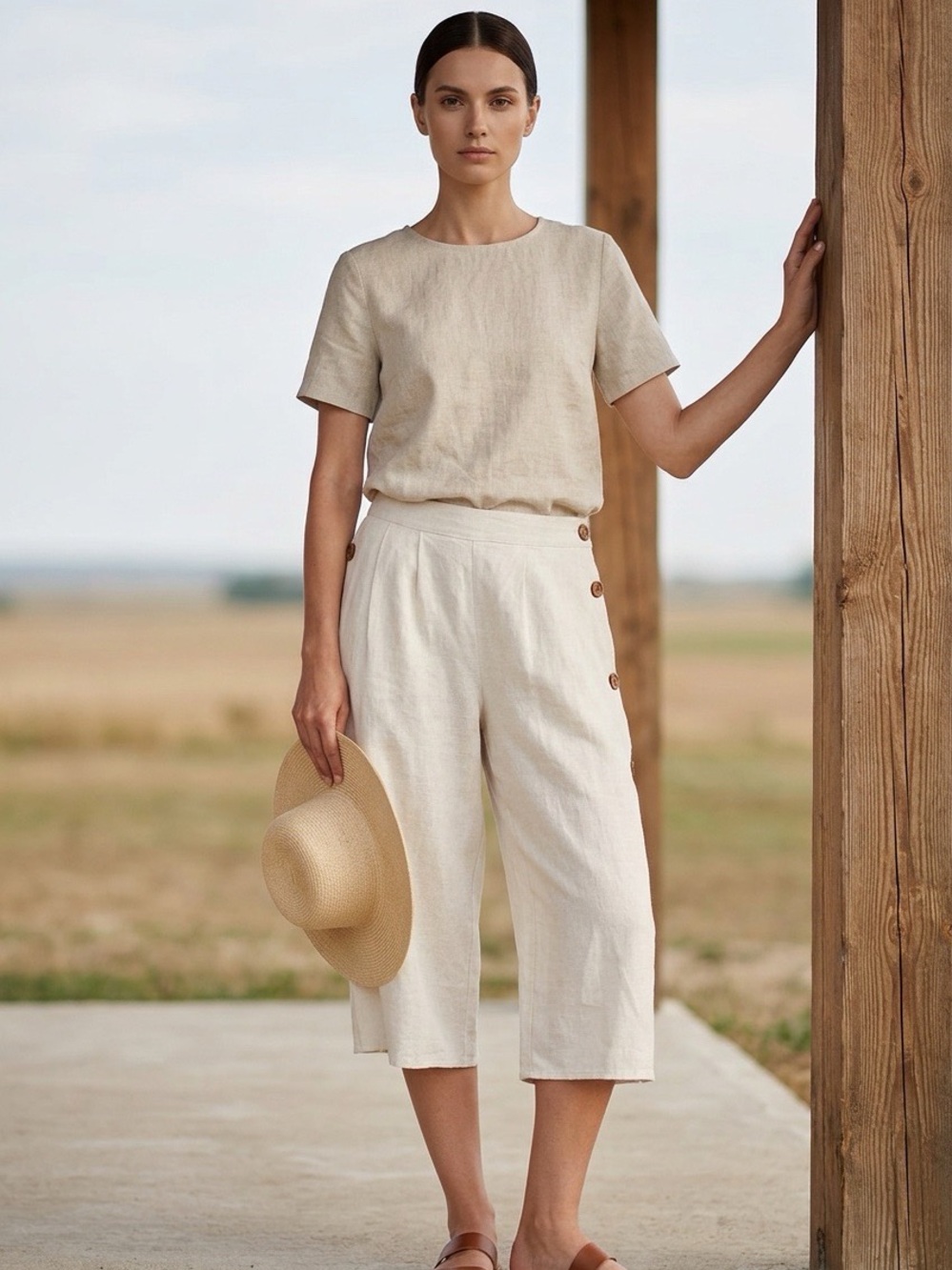 Ophelia Roe Pull On Linen Blend Wide Leg Pants Size Medium